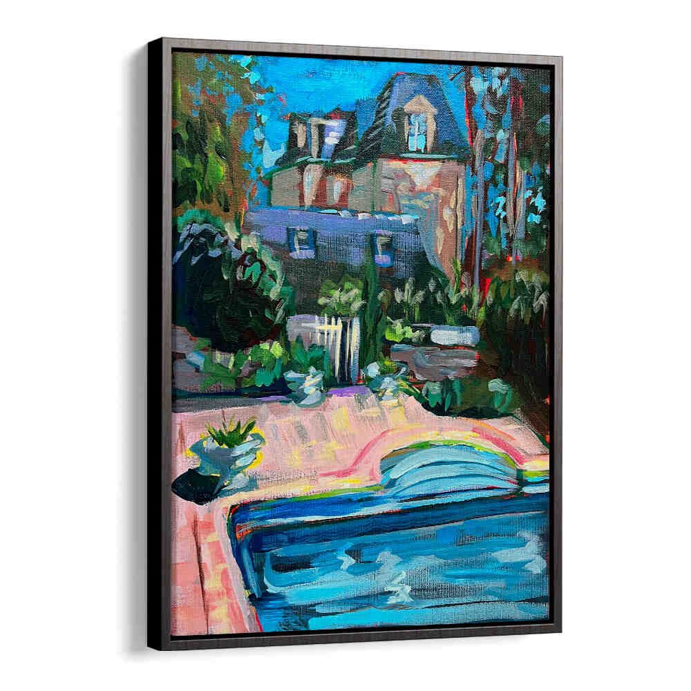 CHÂTEAU DE LA VIGNE , LANDSCAPE PAINTINGS by Blackfloater showing sunlit chateau, lush vines and a blue pool