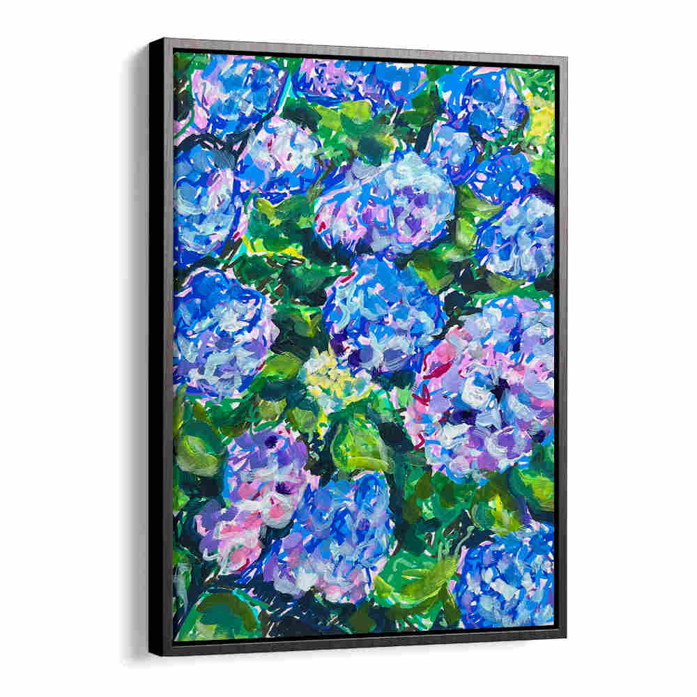 HYDRANGEAS , FLORAL FLOWER PAINTINGS showcasing vibrant blue-pink hydrangea clusters on canvas with Black Floater frame