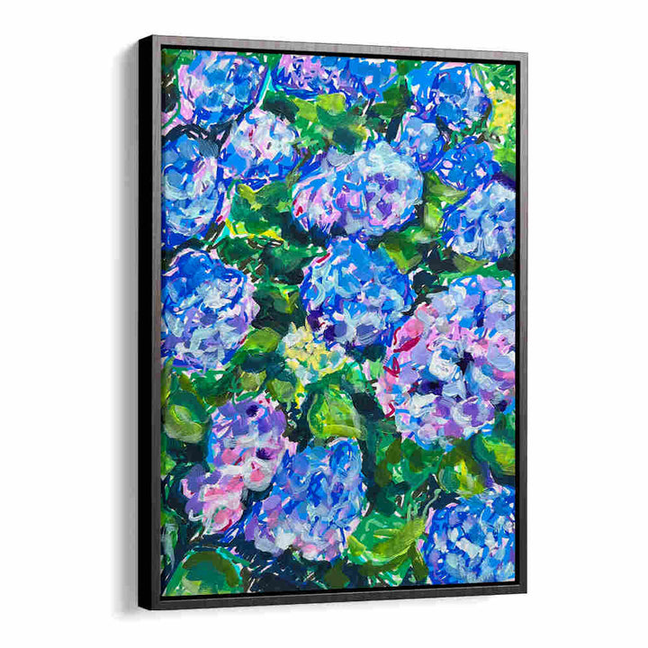 HYDRANGEAS , FLORAL FLOWER PAINTINGS showcasing vibrant blue-pink hydrangea clusters on canvas with Black Floater frame