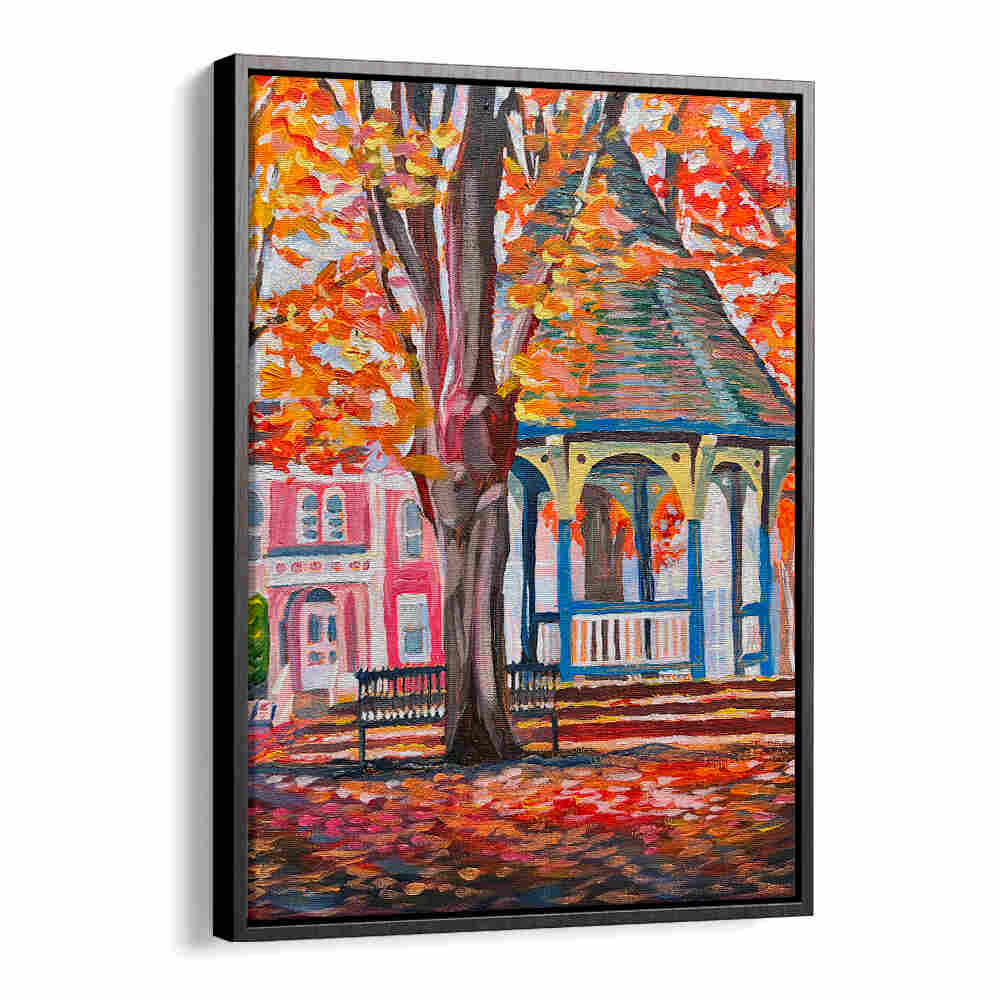 CORN HILL , LANDSCAPE PAINTINGS — Black Floater gazebo and Victorian house amid autumn trees and fallen leaves