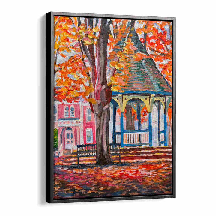 CORN HILL , LANDSCAPE PAINTINGS — Black Floater gazebo and Victorian house amid autumn trees and fallen leaves