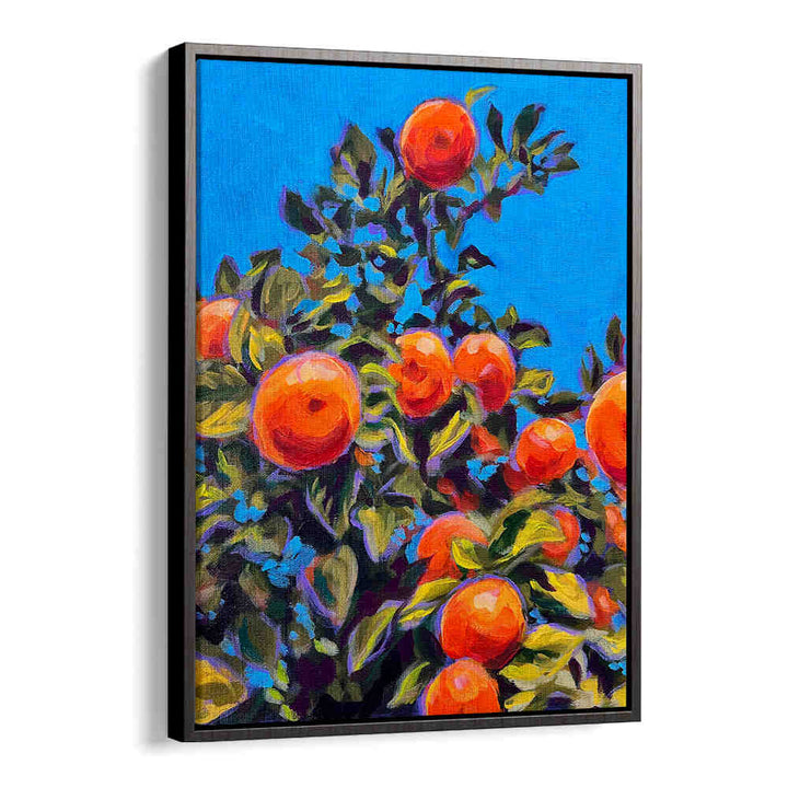 SEVILLE ORANGES , KITCHEN POSTERS showing vivid framed citrus art with bright oranges and blue sky for kitchen decor