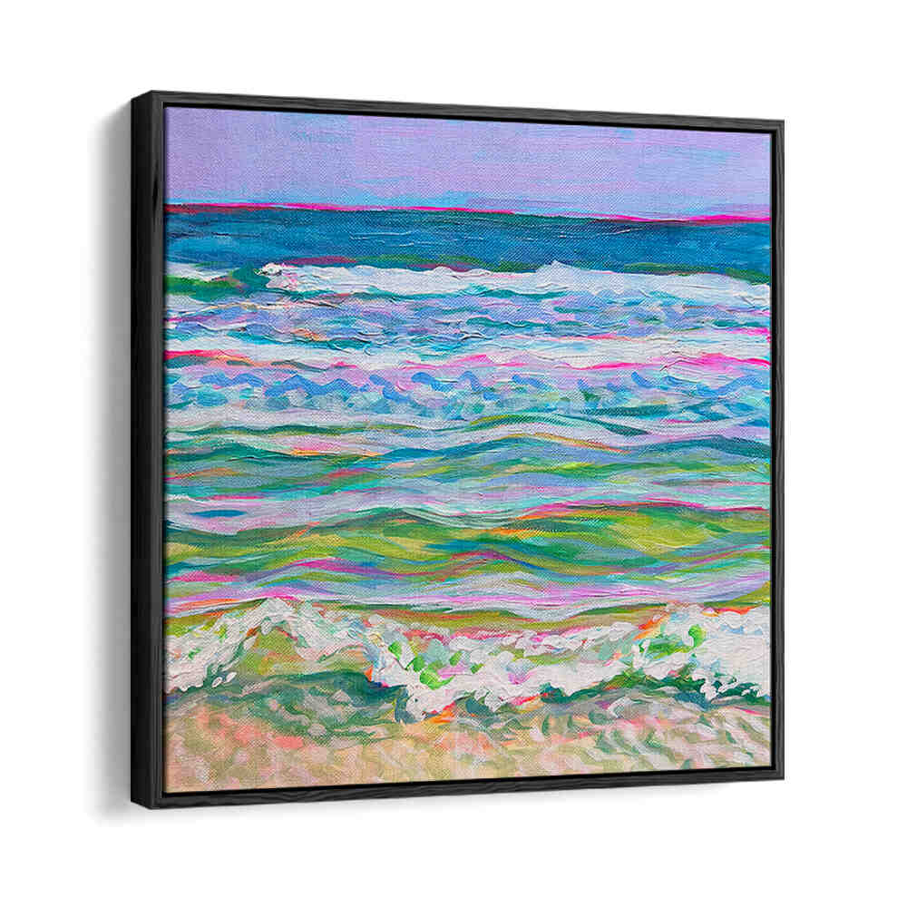 Framed pastel shoreline canvas with coral and turquoise waves — PINK SEAS , BEACH PAINTINGS