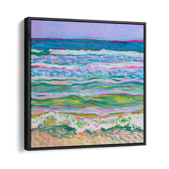 Framed pastel shoreline canvas with coral and turquoise waves — PINK SEAS , BEACH PAINTINGS
