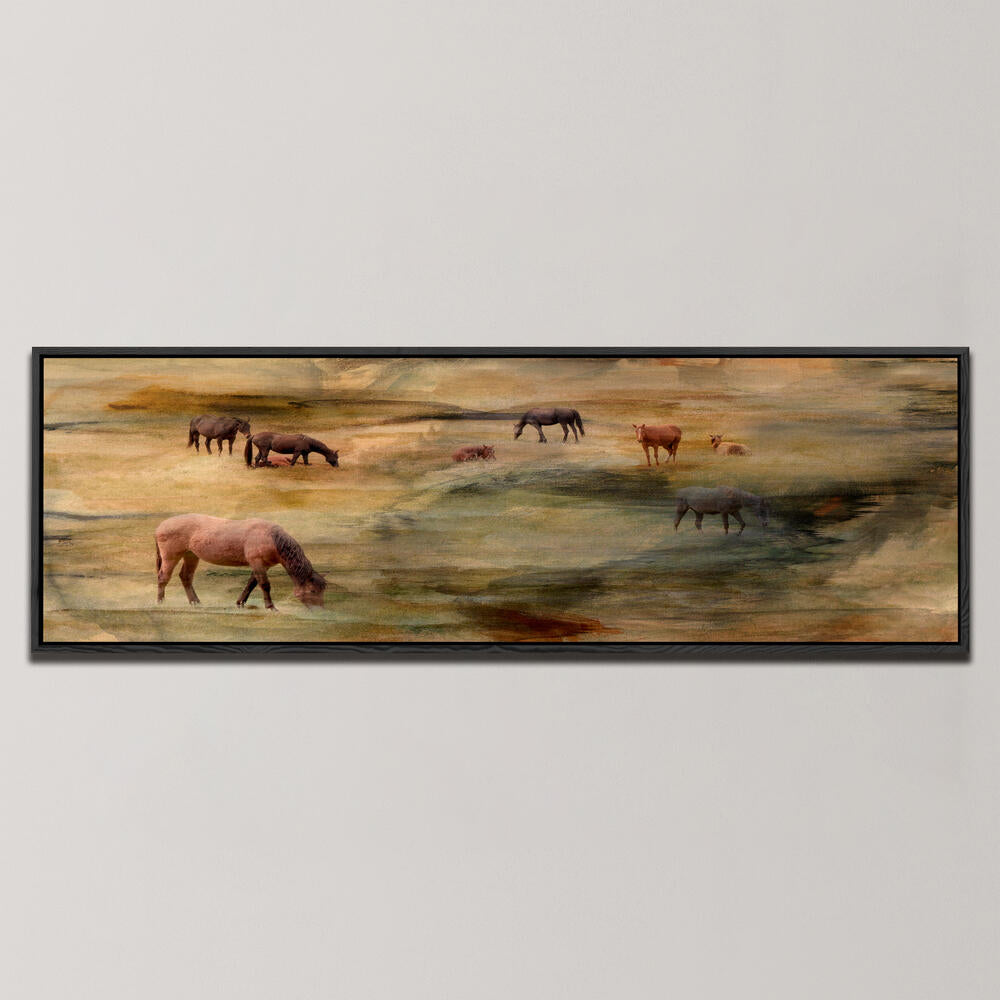 HORSES GRAZING , PANORAMIC ART