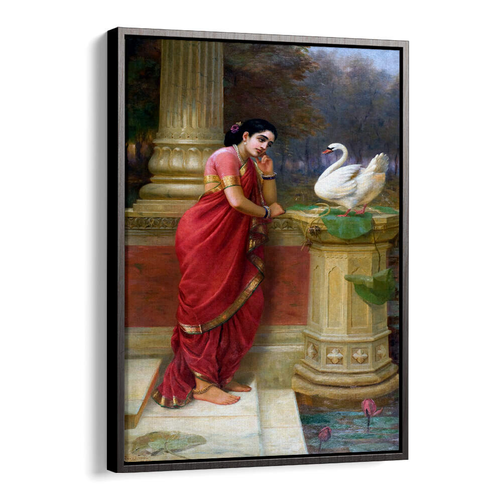 RAVI VARMA PRINCESS DAMAYANTHI TALKING WITH ROYAL SWAN ABOUT NALA , INDIAN ART PAINTINGS