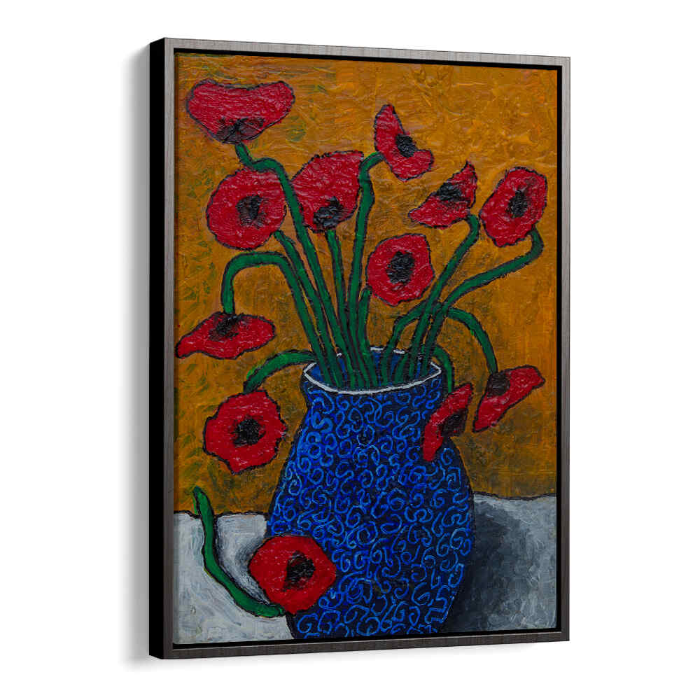 Vibrant POPPIES, FLORAL FLOWER PAINTINGS in a blue vase, perfect for enhancing your living space's elegance.