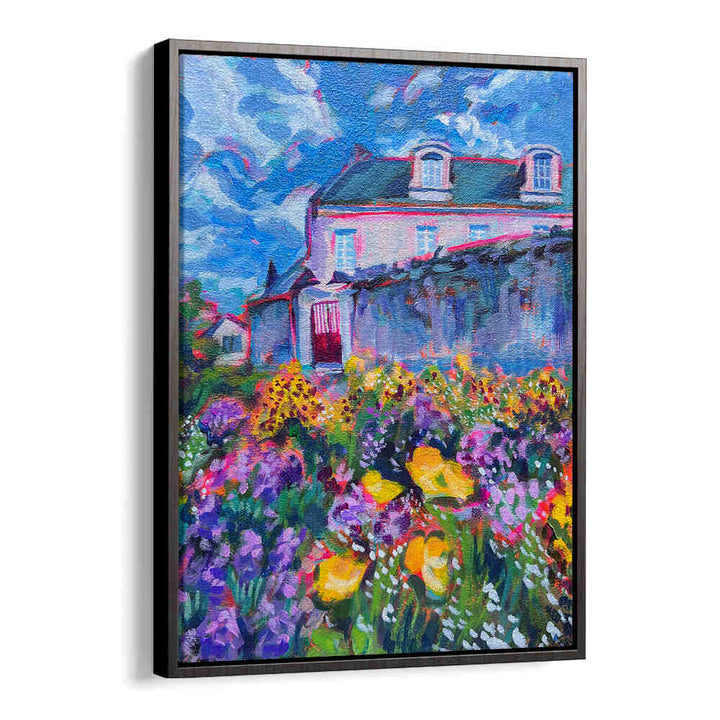 FLEURS , LANDSCAPE PAINTINGS showing a vibrant cottage with blooming flowers and sweeping blue sky