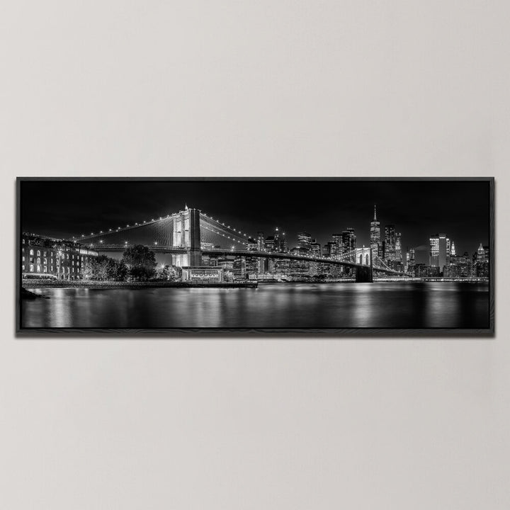 BROOKLYN BRIDGE AGAINST THE NEW YORK CITY SKYLINE AT NIGHT , PANORAMIC ART