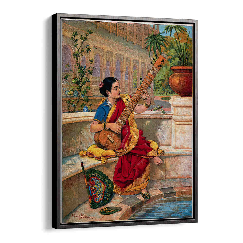 A SEATED INDIAN WOMAN PLAYS A SITAR NEXT TO A GARDEN POND , INDIAN ART PAINTINGS