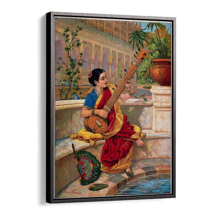 A SEATED INDIAN WOMAN PLAYS A SITAR NEXT TO A GARDEN POND , INDIAN ART PAINTINGS