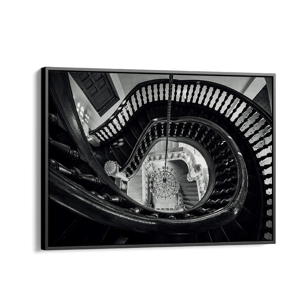 CHANDELIER AND STAIRS B&W , PHOTOGRAPHY PRINTS
