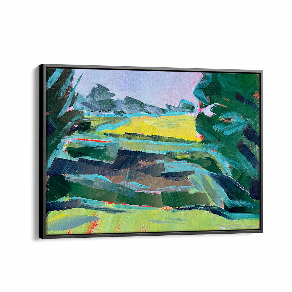 Framed CANOLA FIELD DEUX , LANDSCAPE PAINTINGS, vibrant golden canola field under expansive sky, Black Floater