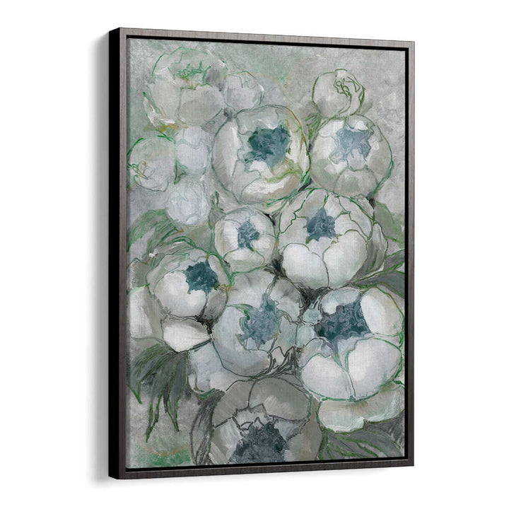 NURIA BOUQUET OF PEONIES IN TEAL AND GREEN , FLORAL FLOWER PAINTINGS