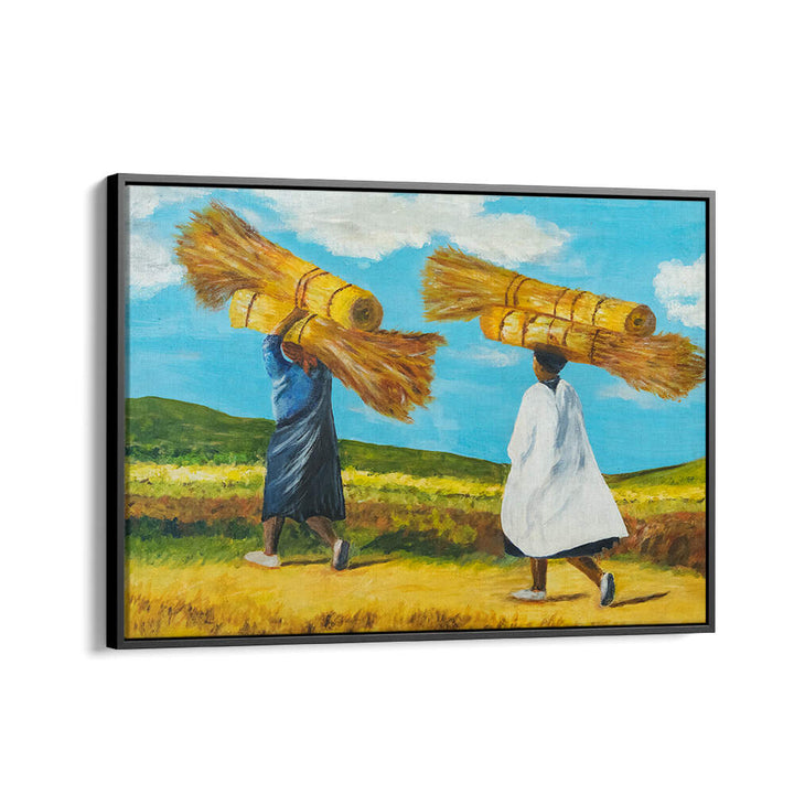 Two figures carry harvest bundles in vibrant BALANCE, INDIAN ART PAINTINGS, showcasing Indian culture and artistry.