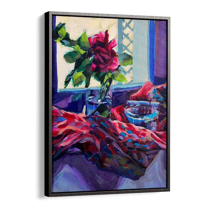 Vibrant rose in a vase by a sunlit window with colorful draped cloth — ROSE FRANÇAISE , FLORAL FLOWER PAINTINGS