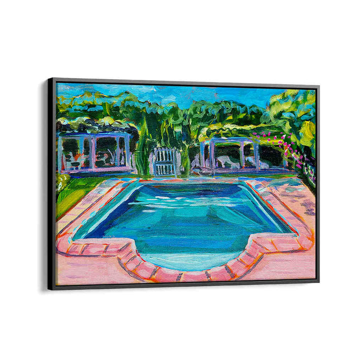 Sunlit pool and classical chateau with reflective water and lush gardens — POOL AT THE CHÂTEAU , LANDSCAPE PAINTINGS