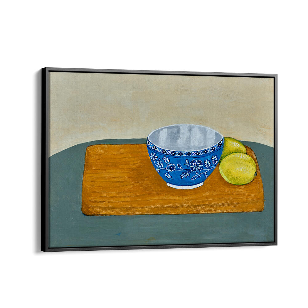 Bright blue bowl with lemons on a wooden board, perfect for enhancing your space with LEMONS, KITCHEN POSTERS.