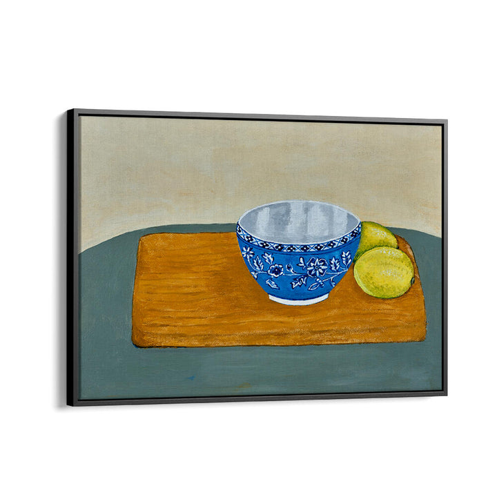Bright blue bowl with lemons on a wooden board, perfect for enhancing your space with LEMONS, KITCHEN POSTERS.