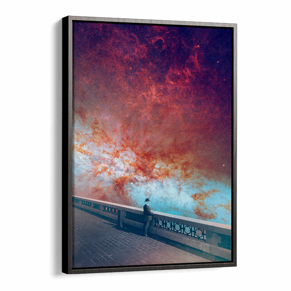 Vibrant MY-SPACE, SURREAL ART PRINTS showcasing a figure gazing at a cosmic sky, perfect for unique decor.