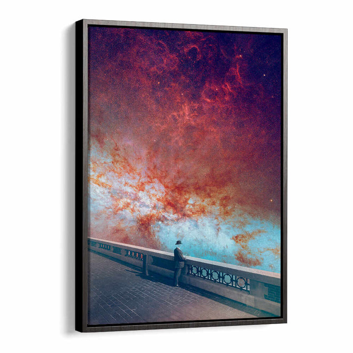 Vibrant MY-SPACE, SURREAL ART PRINTS showcasing a figure gazing at a cosmic sky, perfect for unique decor.