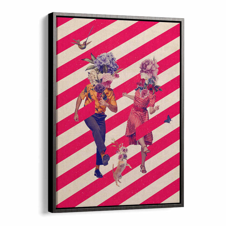 Vibrant PARTY TIME, SURREAL ART PRINTS featuring colorful figures in whimsical floral designs and dynamic stripes.