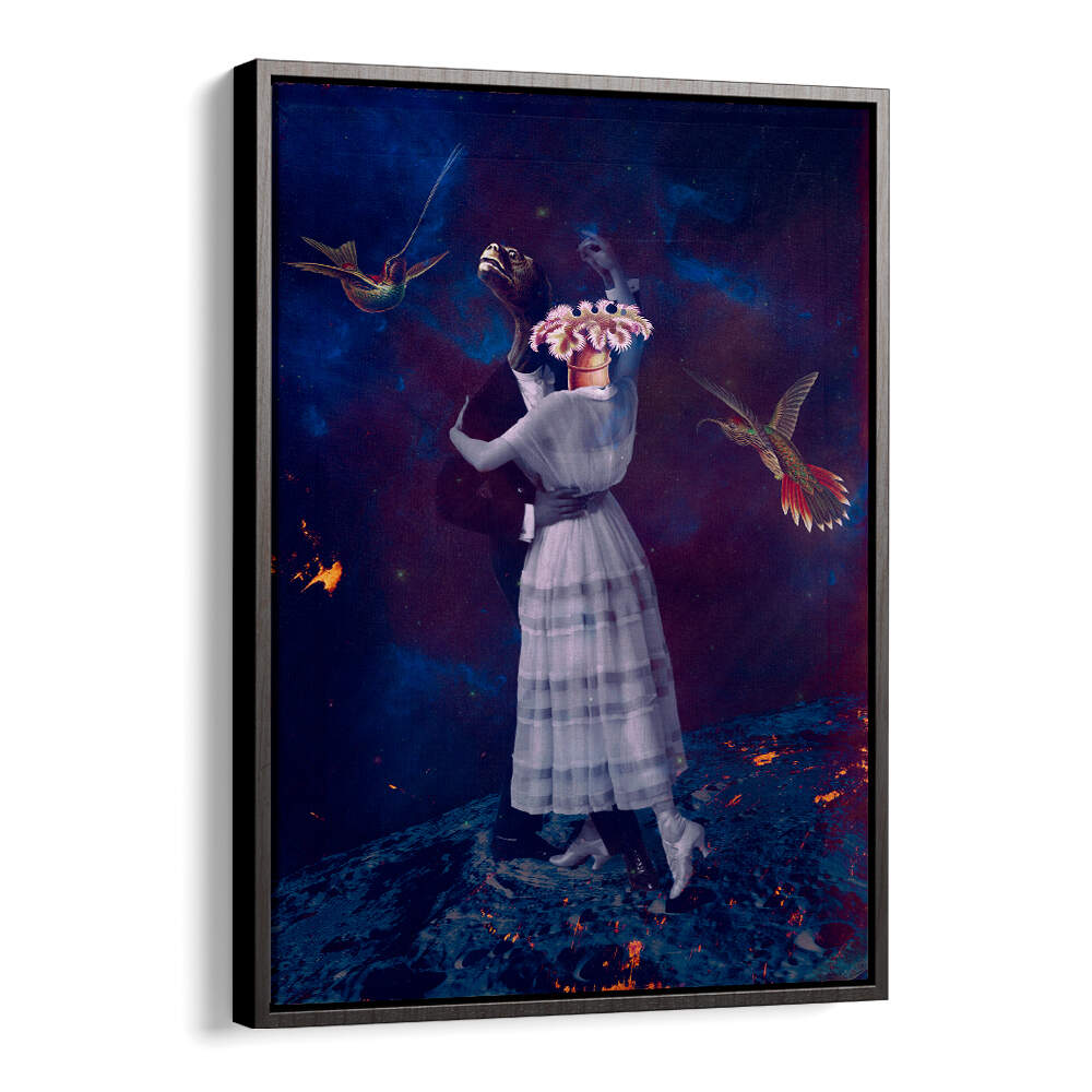 Surreal couple in slow motion, surrounded by vibrant birds, perfect for SLOW MOTION, SURREAL ART PRINTS collection.