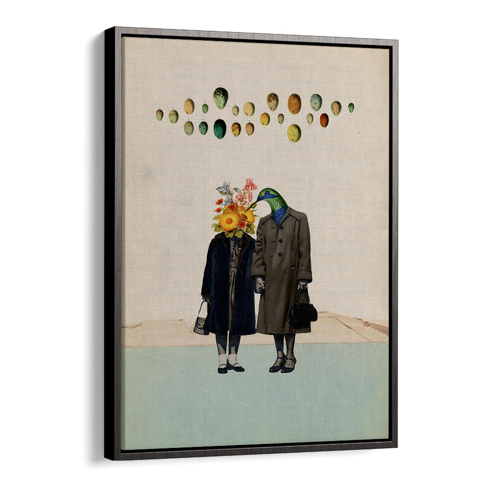 Surreal art print titled "SOULMATE," showcasing whimsical figures with floral and bird motifs, perfect for unique decor.