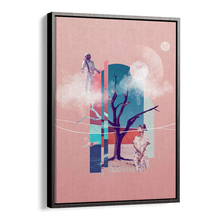 Surreal art print "SPACE LOVE" featuring an astronaut, tree, and a dreamlike landscape, perfect for any space lover.