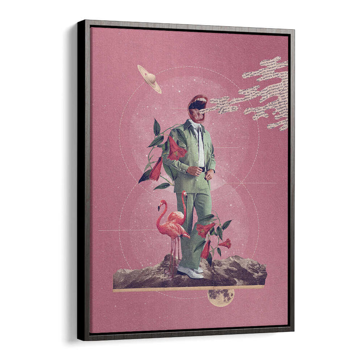Surreal art prints featuring a man in a green suit, flamingo, and cosmic elements. Perfect for unique decor: TALK TO ME, SURREAL ART PRINTS.