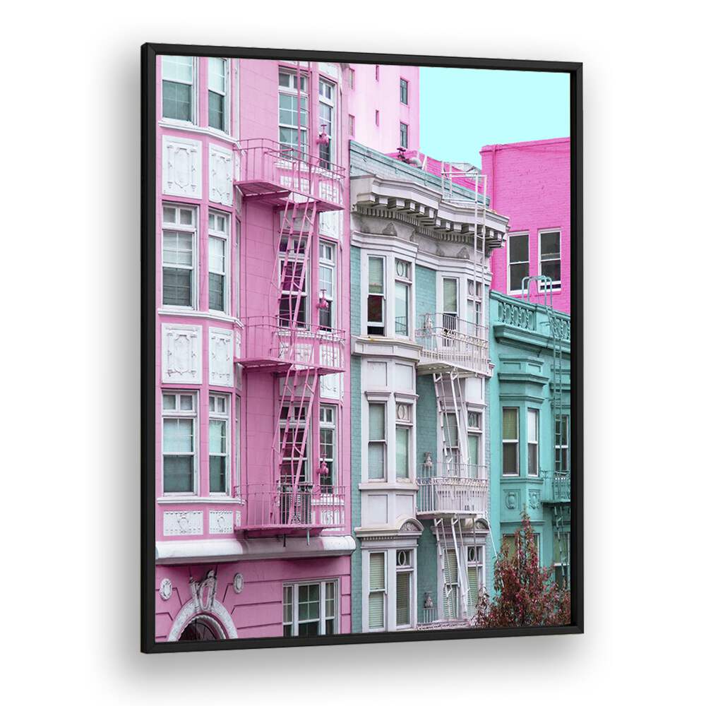 surreal painting - PINK AND BLUE ROW HOUSES IN SAN FRANCISCO by Asianmonk