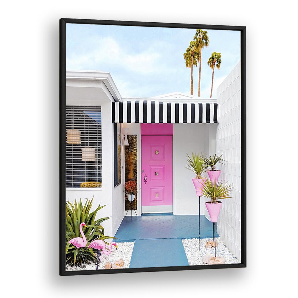 surreal painting - PINK DOOR WITH YARD FLAMINGOS by Asianmonk