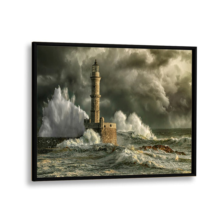 Stormy waves crash against the lighthouse in CHANIA STORM, PHOTOGRAPHY PRINTS, capturing nature's power beautifully.