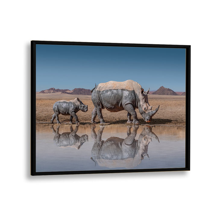 Stunning RHINOS WALK, PHOTOGRAPHY PRINTS featuring a mother and calf rhino near a serene water body, perfect for nature lovers.