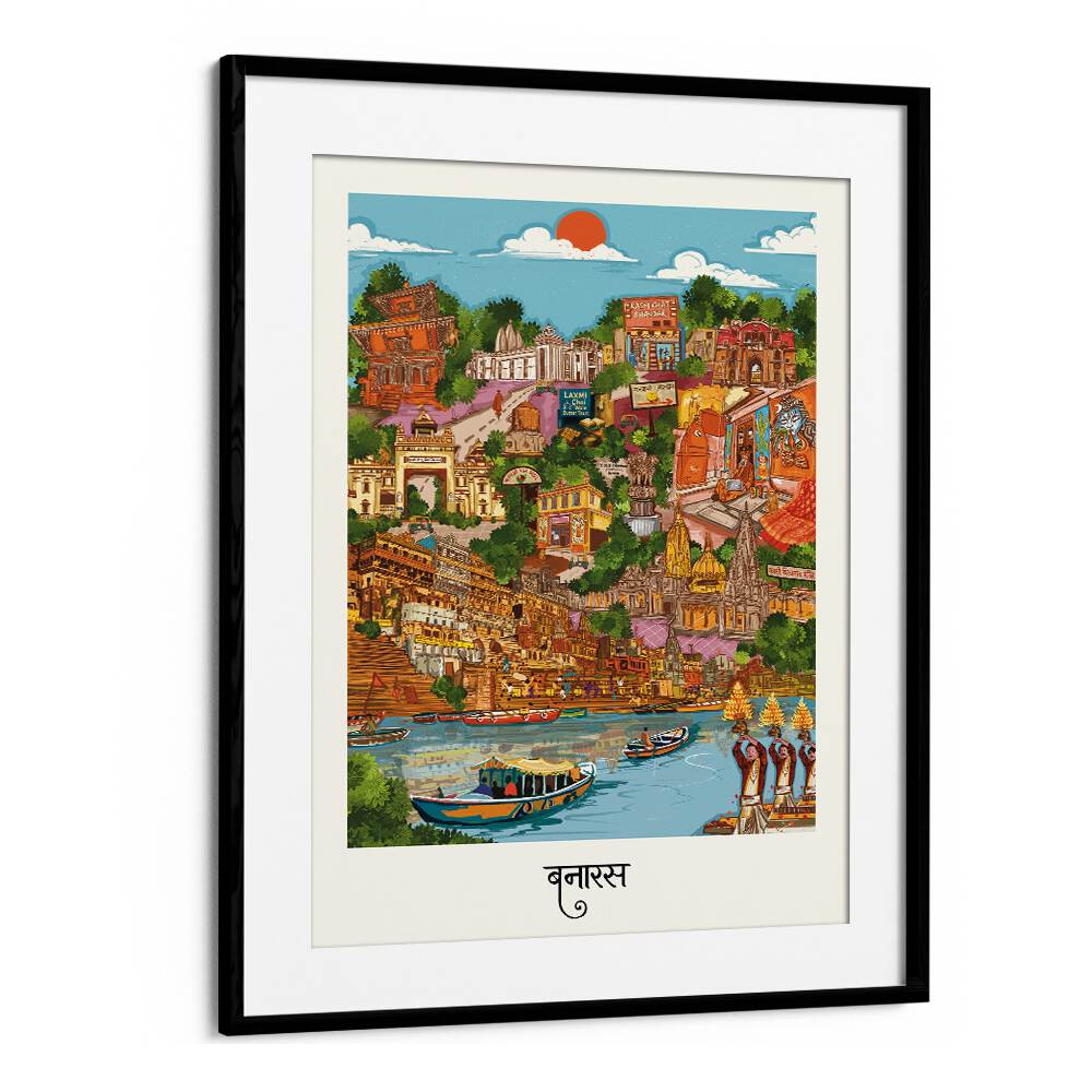 Colorful Varanasi travel poster showcasing iconic landmarks, perfect for decor and travel enthusiasts. Ideal for gifting.