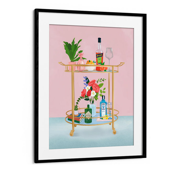 BAR CART , BAR & CAFE ART print featuring a gold bar cart with bottles and flowers on pink backdrop