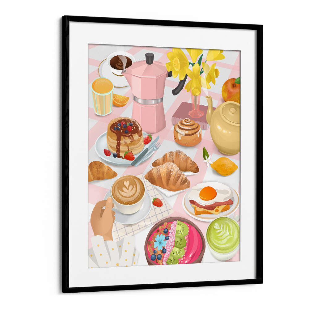 BREAKFAST & BRUNCH, KITCHEN POSTERS: colorful breakfast scene with coffee, pastries, eggs, and fruit.