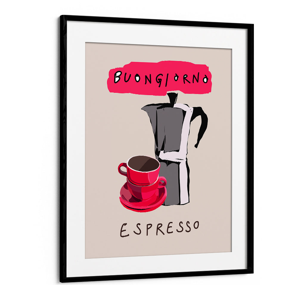 Stylish BUONGIORNO ESPRESSO, BAR poster featuring a vibrant coffee pot and cup, perfect for your kitchen decor.