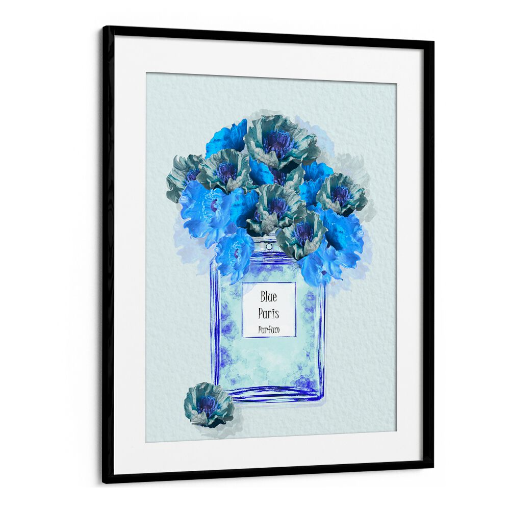 Stylish BLUE PARIS PARFUM, FASHION POSTERS featuring an elegant perfume bottle with blue floral accents. Perfect for decor.