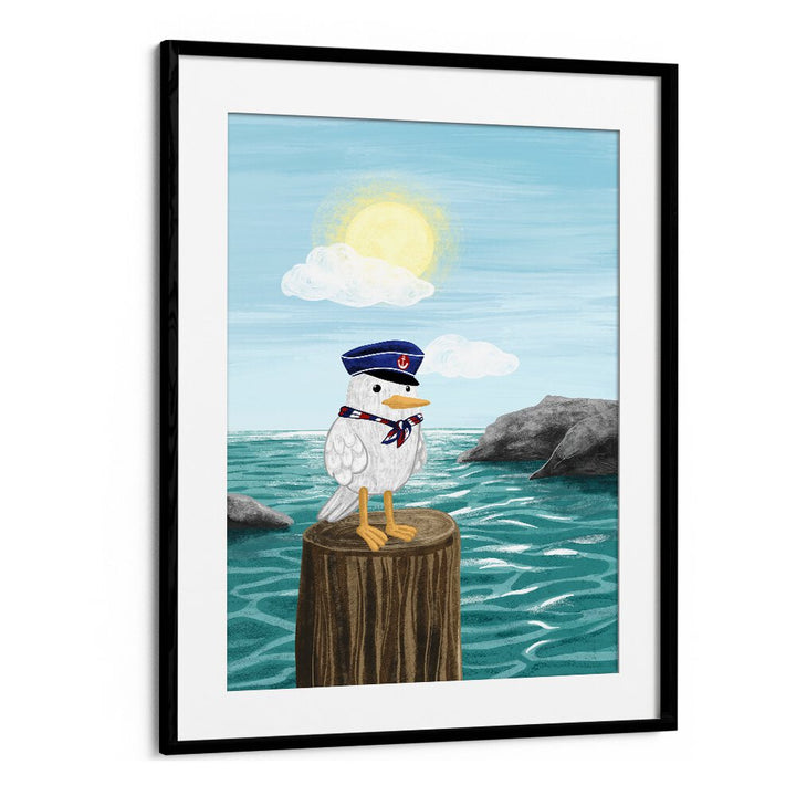 Whimsical CAPTAIN SEAGULL, KIDS ROOM PAINTINGS featuring a playful seagull in a captain's hat against a seaside backdrop.