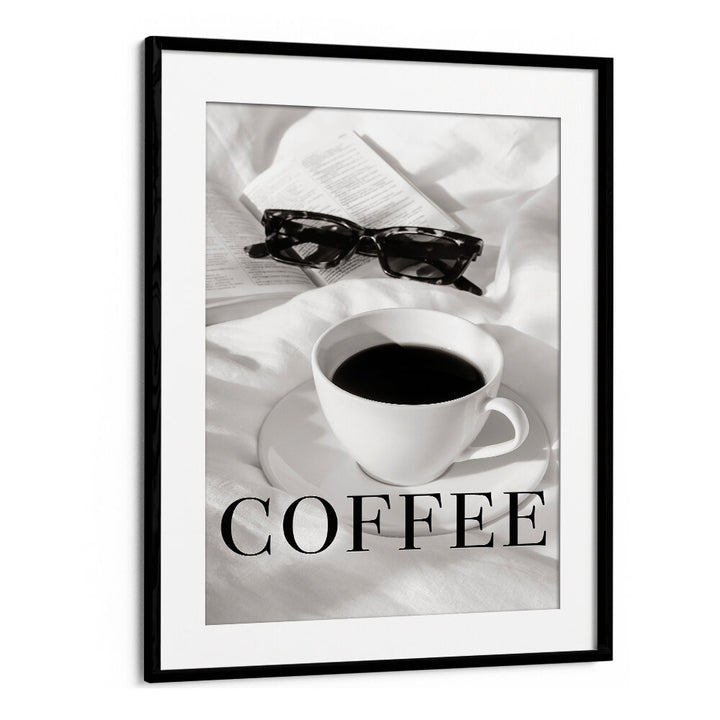 Stylish COFFEE IN BED, BAR art featuring a cozy cup and glasses, perfect for cafe lovers and home decor.