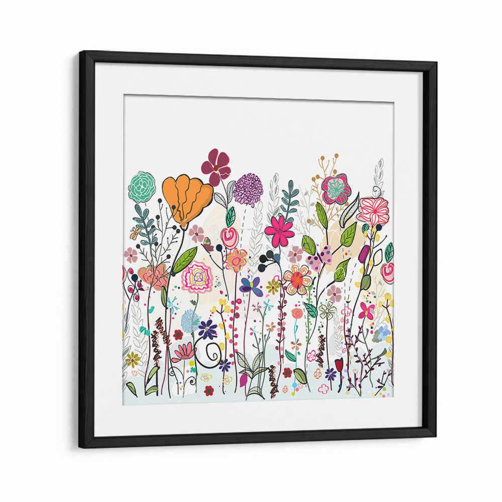 Blackmount COLORFUL WILDFLOWERS , KIDS ROOM PAINTINGS framed whimsical floral art with bright blooms, soft pastels