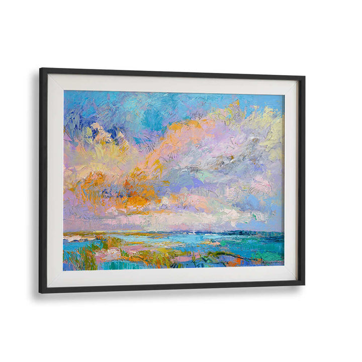 COLORFUL , LANDSCAPE PAINTINGS framed coastal sunrise in vivid pastels with textured brushstrokes — Blackmount