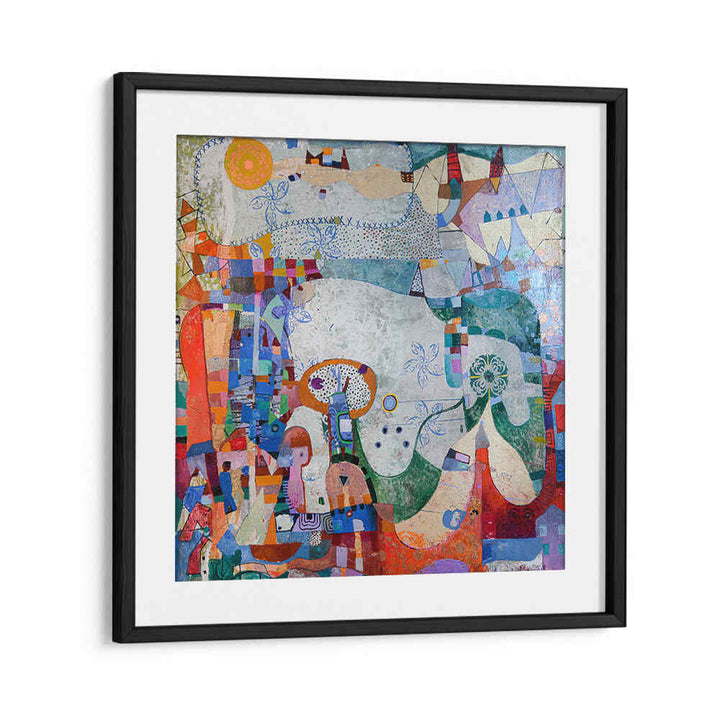 DISTANT VILLAGE , ABSTRACT PAINTINGS by Blackmount — framed abstract landscape with muted earth tones and hazy village forms