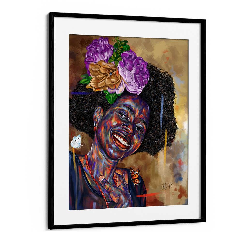 Blackmount framed colorful figurative portrait of smiling woman with flowers and butterflies — GOOD FEELINGS , PORTRAITS