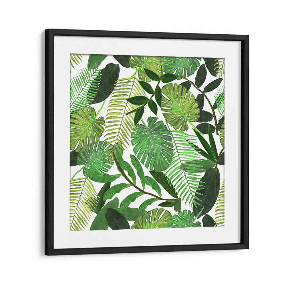 Blackmount framed GREEN TROPICAL WATERCOLOR LEAVES , FLORAL FLOWER PAINTINGS featuring layered palm and monstera leaves