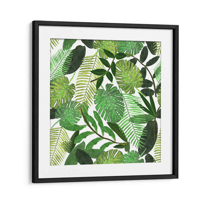 Blackmount framed GREEN TROPICAL WATERCOLOR LEAVES , FLORAL FLOWER PAINTINGS featuring layered palm and monstera leaves