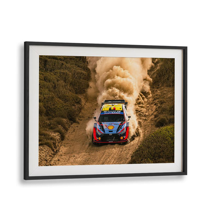 Hyundai WRC, photography prints showcasing a racing car kicking up dust on rugged terrain, perfect for enthusiasts.