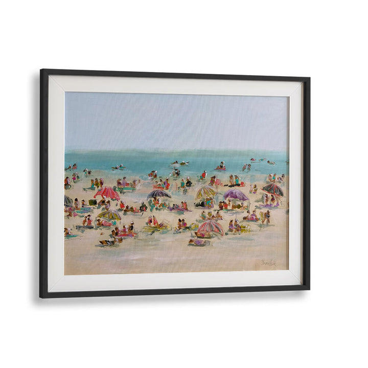Enchanting IMPRESSIONIST BEACH SCENE, BEACH PAINTINGS depicting sunbathers and colorful umbrellas by the shore.