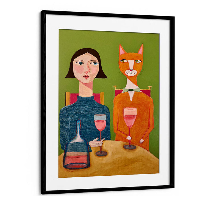 LADY AND CAT DRINKING WINE  , PORTRAITS & FIGURATIVE ILLUSTRATIONS